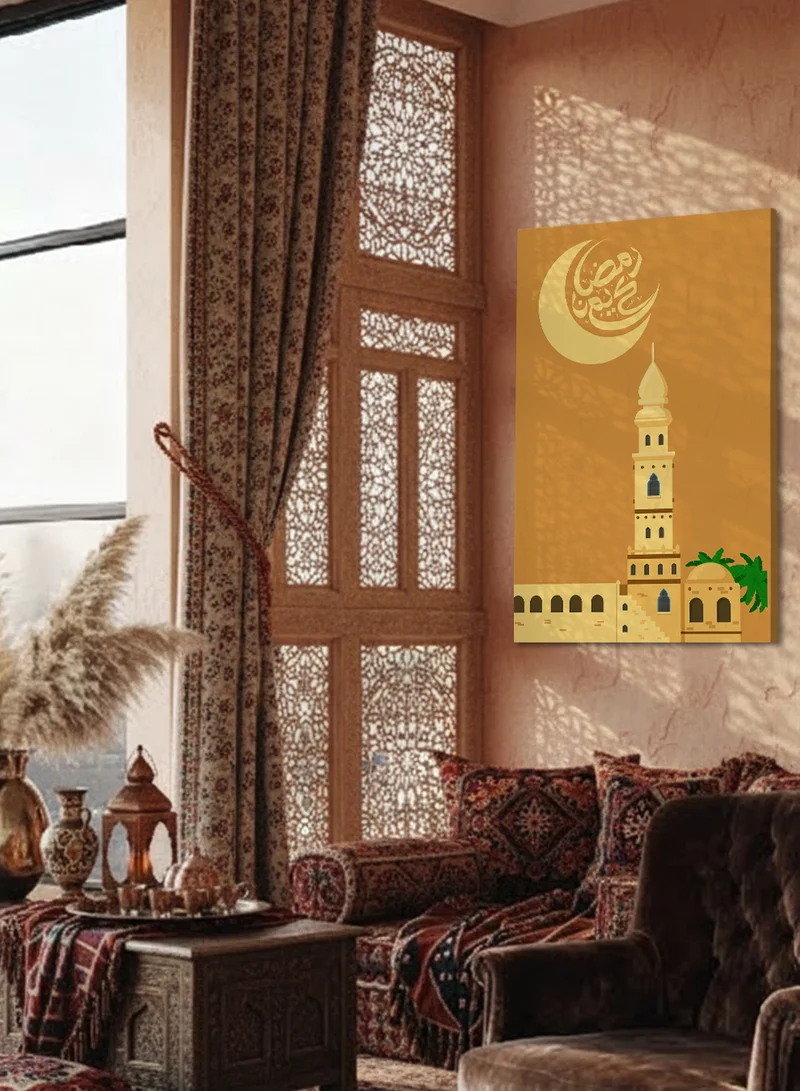 LOWHA Canvas Wall Art Stretched Over Wooden Frame with Crescent Ramadan Kareem and Mosque Design